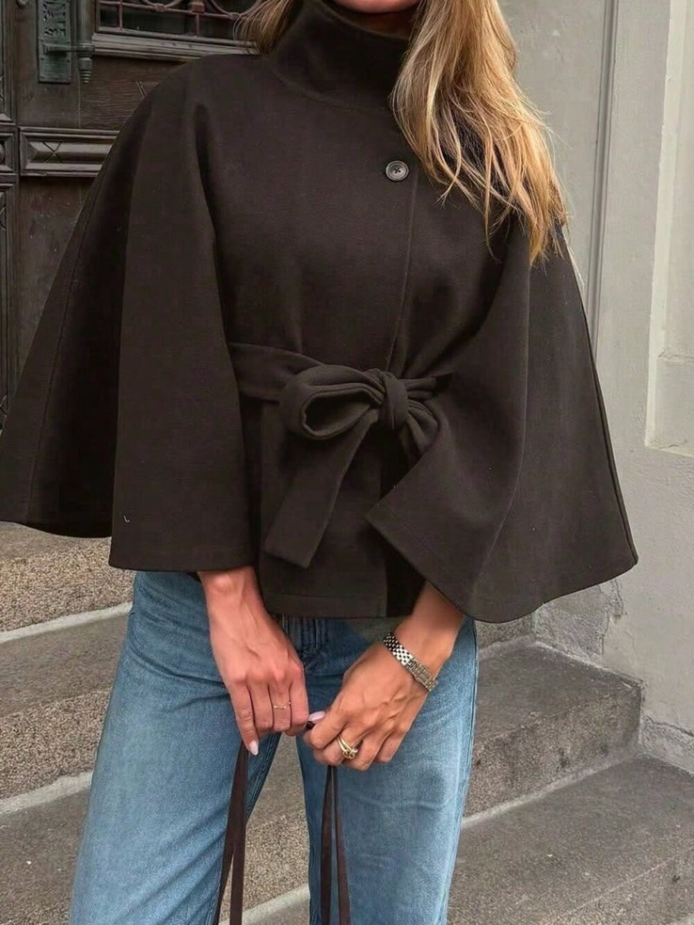 Brown Casual Women's Front Button Tie Waist Cloak